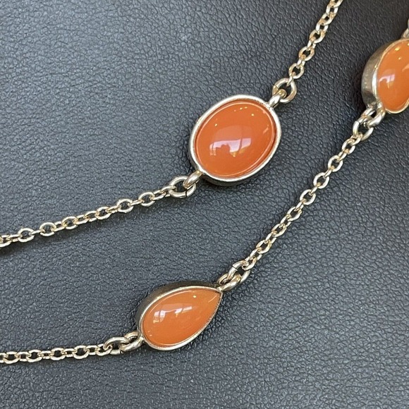Banana Republic Orange & Silver Tone Cabochon Beaded Station Necklace Plastic - Picture 2 of 4